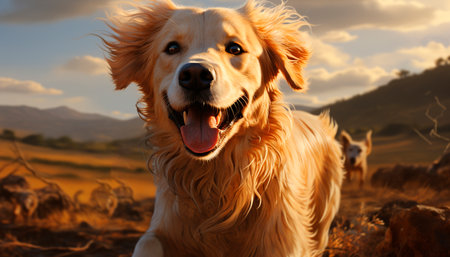 A cute, playful puppy sitting in the grass, looking at the sunset generated by artificial intelligenceの素材