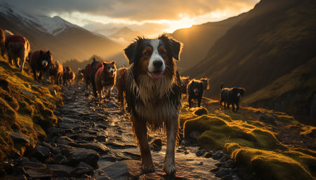 A cute dog looks at the sunset over the mountain generated by artificial intelligenceの素材