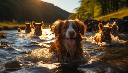 Cute puppy playing in water, enjoying nature joyful beauty generated by artificial intelligenceの素材