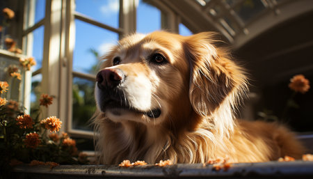 Cute puppy sitting outdoors, looking at camera, playful and cheerful generated by artificial intelligenceの素材