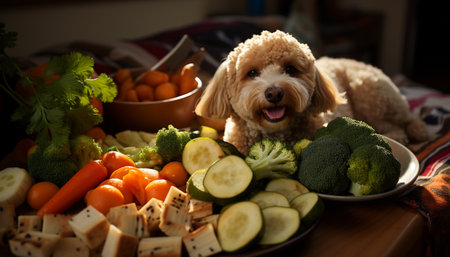 Cute puppy enjoys healthy meal on kitchen table with vegetables generated by artificial intelligenceの素材