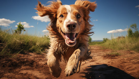 Cute puppy playing outdoors, running in the meadow, pure joy generated by artificial intelligenceの素材