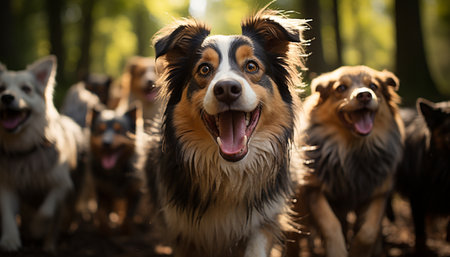 Cute puppy sitting in grass, looking at camera, outdoors generated by artificial intelligenceの素材