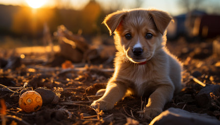 Cute puppy playing in the grass, looking at camera, smiling generated by artificial intelligenceの素材