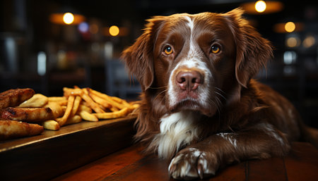 Cute puppy sitting, looking at camera, enjoying chocolate snack generated by artificial intelligenceの素材