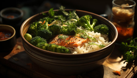 Freshness and health in a gourmet vegetarian meal, cooked with care generated by artificial intelligenceの素材