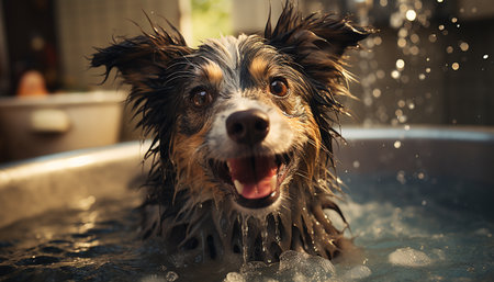 Cute wet puppy sitting in bathtub, looking at camera generated by artificial intelligenceの素材