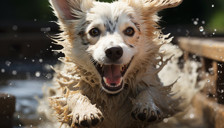 Cute puppy playing in the water, splashing with joy generated by artificial intelligenceの素材