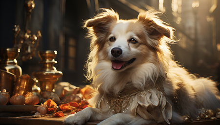 Cute puppy sitting outdoors, looking at camera, enjoying nature generated by artificial intelligenceの素材