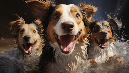 Cute puppy and playful dog splash water, creating fun outdoors generated by artificial intelligenceの素材