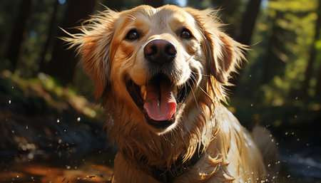 A cute, wet puppy playing in the outdoors, pure joy generated by artificial intelligenceの素材