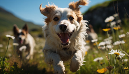 Cute puppy running in the grass, playful and cheerful generated by artificial intelligenceの素材