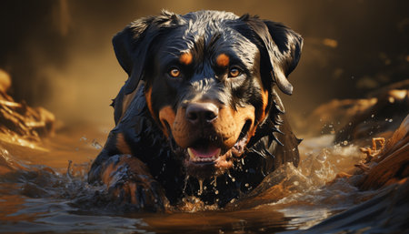 Cute puppy splashing in water, enjoying nature refreshing beauty generated by artificial intelligenceの素材