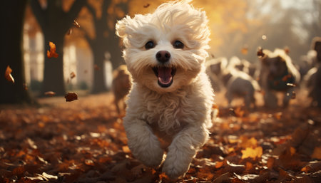 Cute puppy playing outdoors, enjoying autumn beauty in nature generated by artificial intelligenceの素材