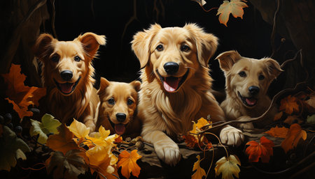 Cute puppy sitting outdoors, surrounded by autumn leaves and nature generated by artificial intelligenceの素材