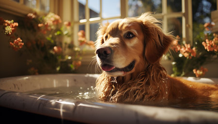 Cute puppy sitting indoors, looking at camera, wet and happy generated by artificial intelligenceの素材