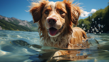 Cute puppy playing in water, enjoying summer outdoors generated by artificial intelligenceの素材