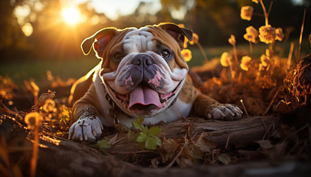 Cute bulldog puppy playing in the grass, enjoying nature generated by artificial intelligenceの素材