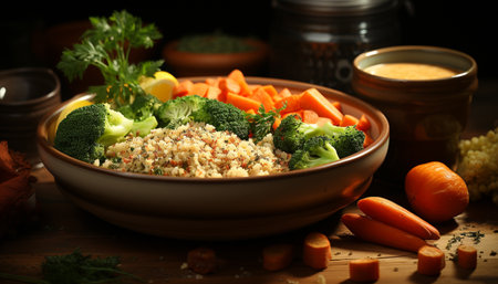 Freshness on a wooden table healthy eating, vegetarian gourmet meal generated by artificial intelligenceの素材