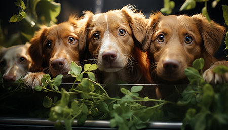 Cute puppy sitting outdoors, looking at camera in nature generated by artificial intelligenceの素材