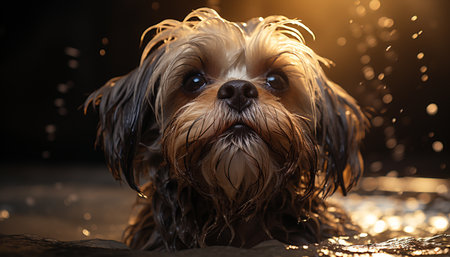 Cute wet puppy sitting, looking at camera, enjoying the shower generated by artificial intelligenceの素材