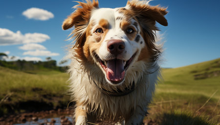 Cute puppy sitting in grass, looking at camera, smiling generated by artificial intelligenceの素材