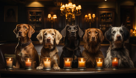 Cute puppy sitting, looking at camera, surrounded by candles generated by artificial intelligenceの素材