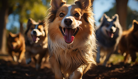 Cute puppy playing outdoors, smiling in the summer sunlight generated by artificial intelligenceの素材
