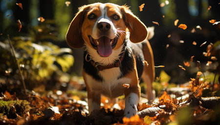 Cute puppy sitting in grass, looking at autumn leaves generated by artificial intelligenceの素材