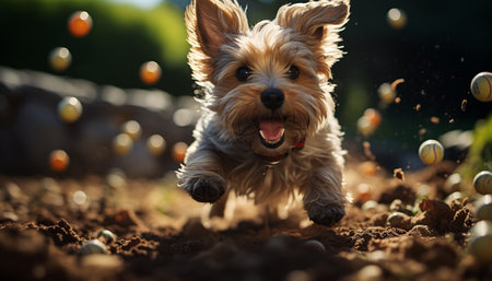 Cute puppy running in the grass, playful and full of joy generated by artificial intelligenceの素材