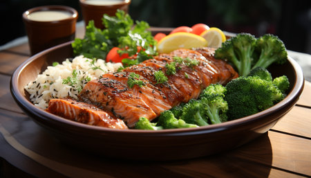 Grilled steak and salmon, fresh vegetables, healthy meal on plate generated by artificial intelligenceの素材