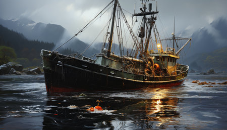 Old fishing boat sails through fog, revealing mysterious shipwreck generated by artificial intelligenceの素材