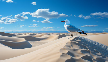 Seagull flying over rippled sand dune, tranquil beauty in nature generated by artificial intelligenceの素材