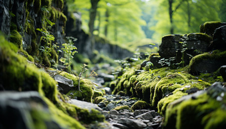 Tranquil scene of lush green forest, flowing water, and rocky cliffs generated by artificial intelligenceの素材