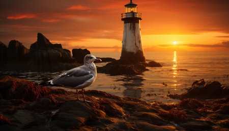 Seagull beak reflects sunset beauty on tranquil coastline generated by artificial intelligenceの素材