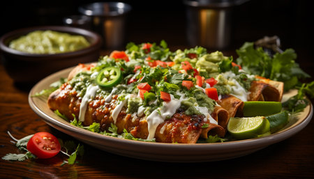 Freshness on a plate guacamole, tomato, meat, vegetable, and salad generated by artificial intelligenceの素材