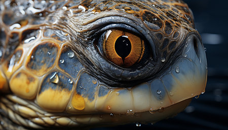 A cute turtle staring, its eye a yellow drop underwater generated by artificial intelligenceの素材