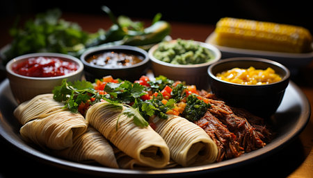 Fresh gourmet meal grilled meat, vegetable salad, homemade guacamole generated by artificial intelligenceの素材