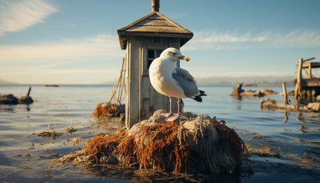Seagull perching on old wooden jetty, tranquil waters, sunset generated by artificial intelligenceの素材