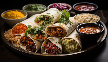 Freshness and spice on a plate of Mexican guacamole taco generated by artificial intelligenceの素材