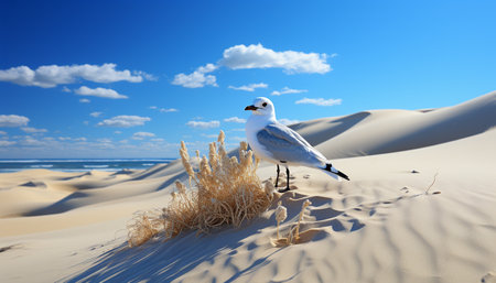 A seagull flying over a sandy coastline, enjoying the outdoors generated by artificial intelligenceの素材