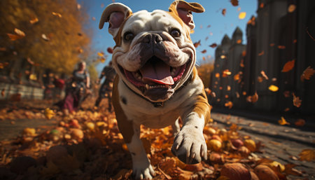 Cute bulldog puppy playing outdoors in autumn, purebred and small generated by artificial intelligenceの素材