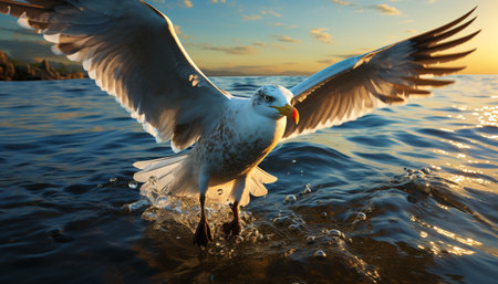 Seagull flying freely, spreading wings, beauty in nature, tranquil sea generated by artificial intelligenceの素材