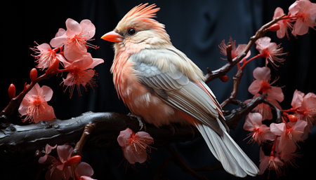A cute bird perching on a branch, surrounded by vibrant flowers generated by artificial intelligenceの素材