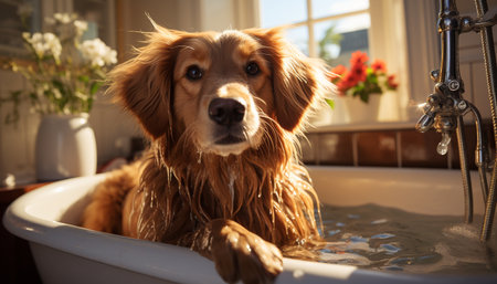 Cute puppy sitting in bathtub, wet and smiling generated by artificial intelligenceの素材