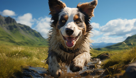 Cute puppy running in the grass, enjoying the outdoors generated by artificial intelligenceの素材