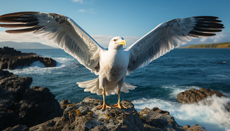 Seagull flying freely, wings spread, in nature tranquil beauty generated by artificial intelligenceの素材