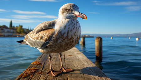 Seagull perching on jetty, watching tranquil sea, freedom in nature generated by artificial intelligenceの素材