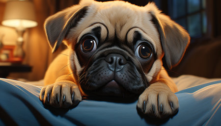 Cute small puppy, purebred dog, sitting indoors, looking tired generated by artificial intelligenceの素材