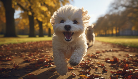 Cute puppy playing outdoors, enjoying autumn beauty in nature generated by artificial intelligenceの素材